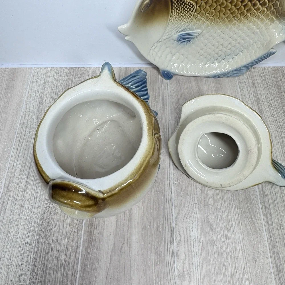 Vintage Fish‎ Shaped Sugar Bowl Lid Plate Set Ceramic Japan Style Kitchen